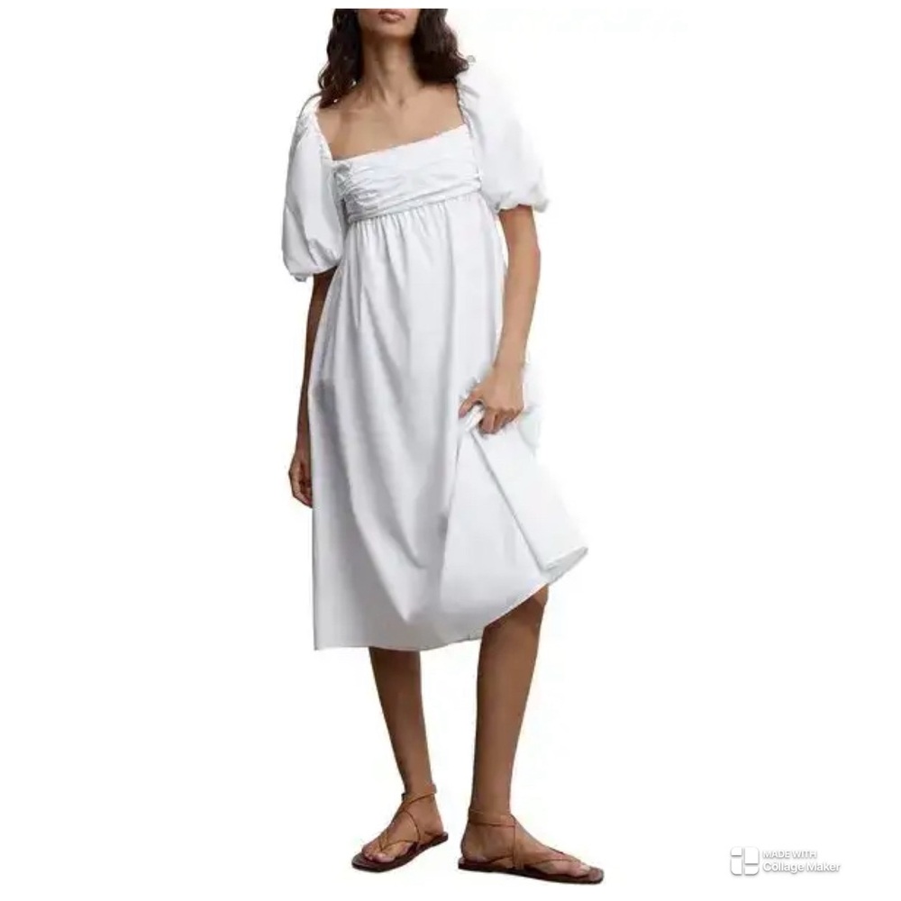 MANGO Puff Sleeve Cotton Poplin Dress Size S